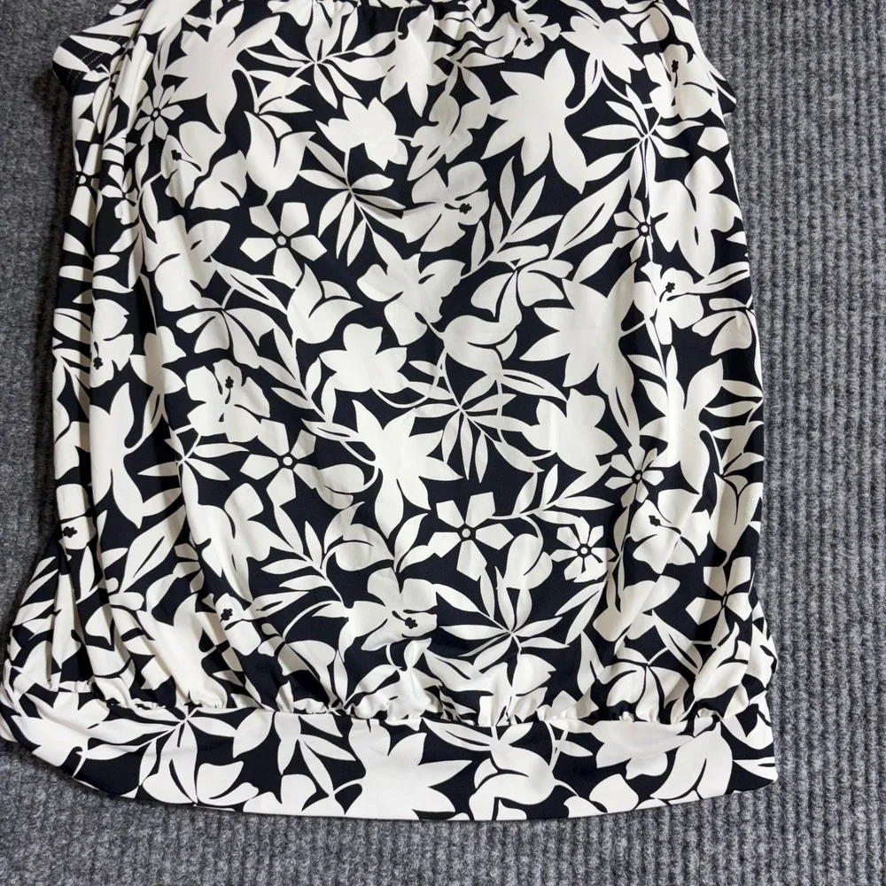 Lands End Womens Black White Floral Blouson Tankini Swim Top Size 8 522625